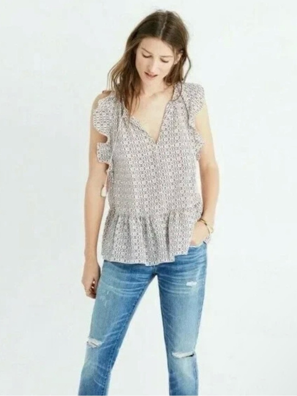 Madewell Blouse Silk Lily Ruffle  Top in Echo Grid Sleeveless Flutter Tassle XXS